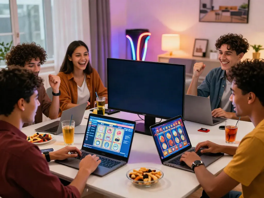 Friends enjoying a gaming night at home, showcasing the best credit card casinos experience with excitement and laughter.