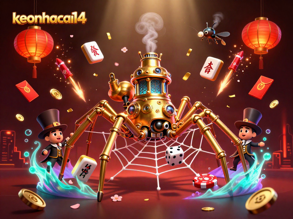 Experience thrilling gameplay with keonhacai14 as a steampunk spider weaves its golden web.