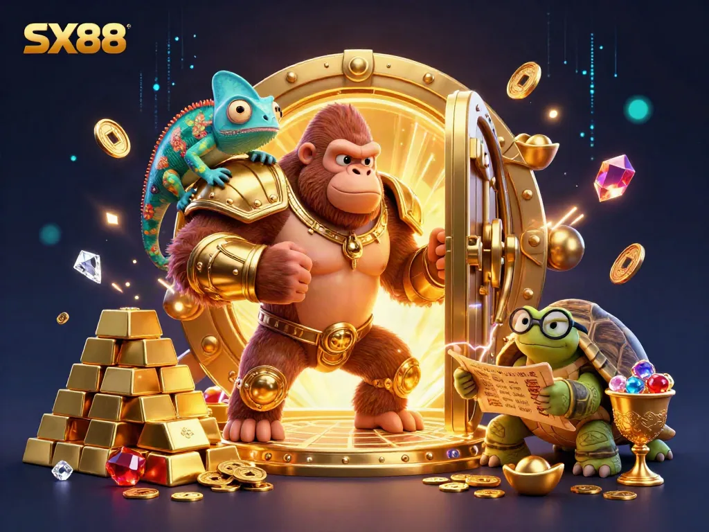 SX88 features a vibrant scene with a powerful gorilla king, a chameleon spy, and a wise tortoise, surrounded by treasure and dynamic energy.