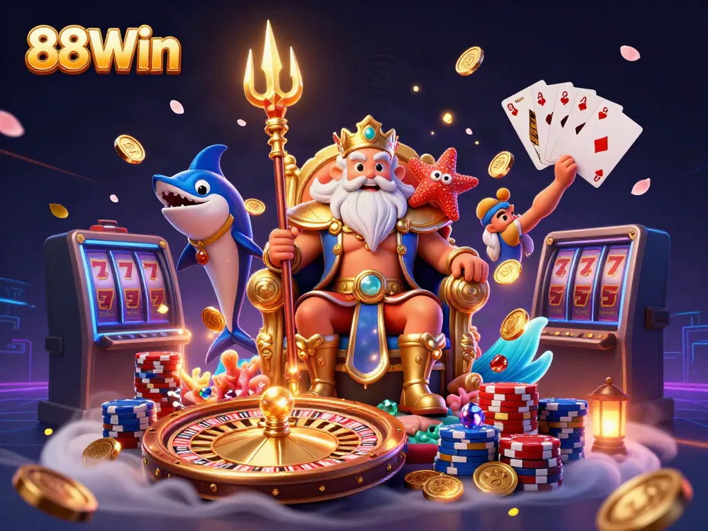 Experience thrilling wins at 88Win with a vibrant casino-themed digital illustration showcasing luxury gaming.