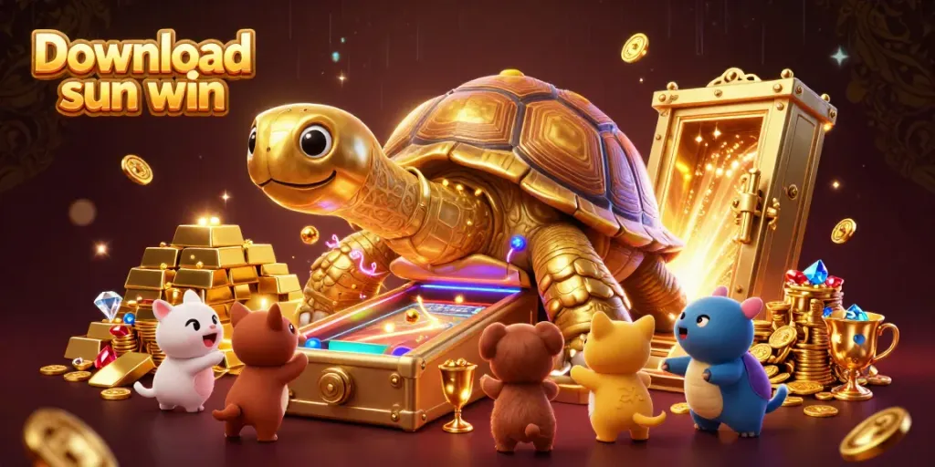 Experience excitement with the download sun win app, featuring a vibrant 3D illustration of a colossal golden tortoise and thrilling casino elements.