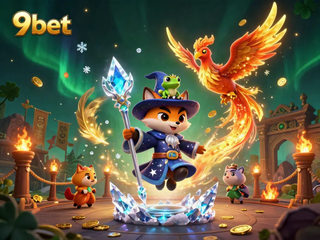 Experience exciting gambling with 9bet in this dynamic illustration featuring a wizard, phoenix, and enchanted elements.