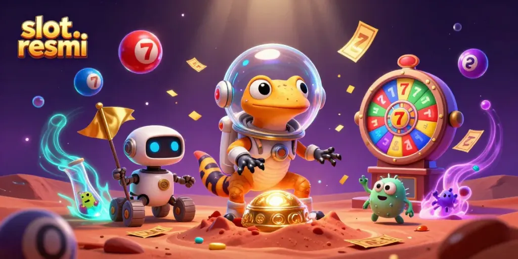 Experience the thrill of slot resmi in this vibrant Martian casino scene featuring a gecko and alien celebrations.