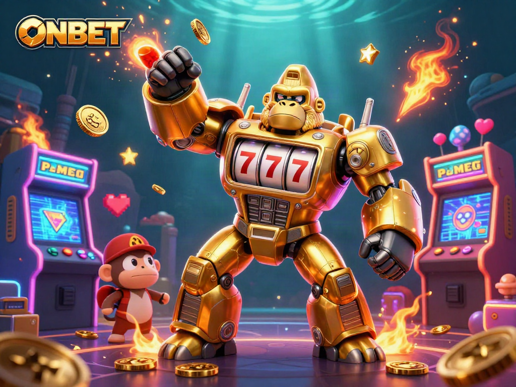 Engage with ONBET's captivating golden gorilla mech slot machine excitement, showcasing big wins.