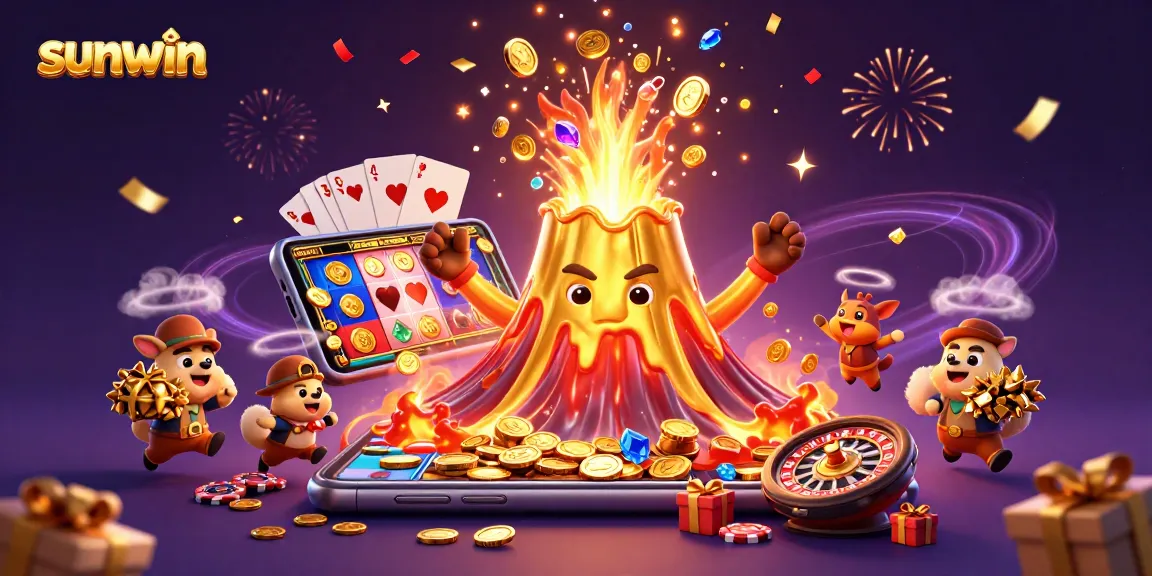 Experience the thrill of winning with sunwin as golden treasures erupt from a volcano in this vibrant gambling scene.