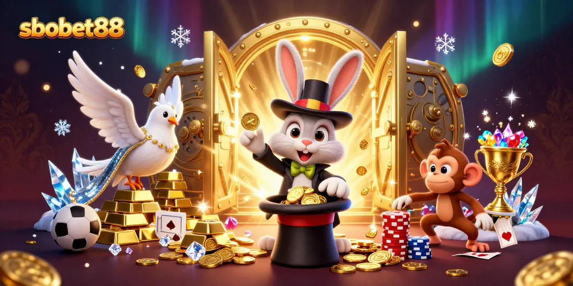 SBOBET88 sports betting illustration featuring a magician rabbit, dove, and monkey amidst gold treasures and betting elements.