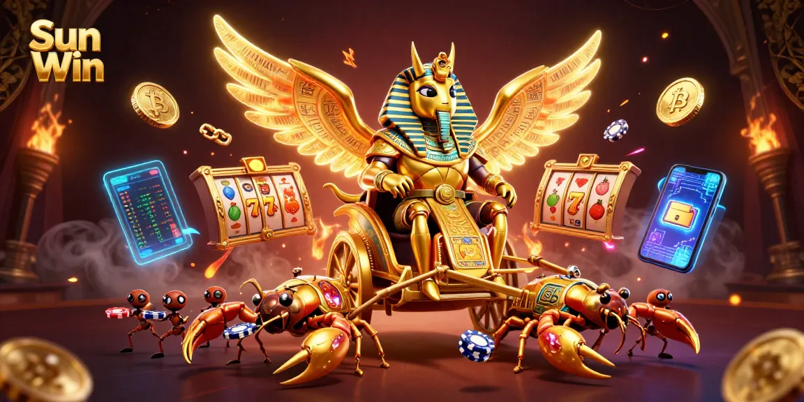 Sun Win themed casino scene showcasing a colossal golden scarab beetle and jewel-encrusted scorpions in vibrant action.