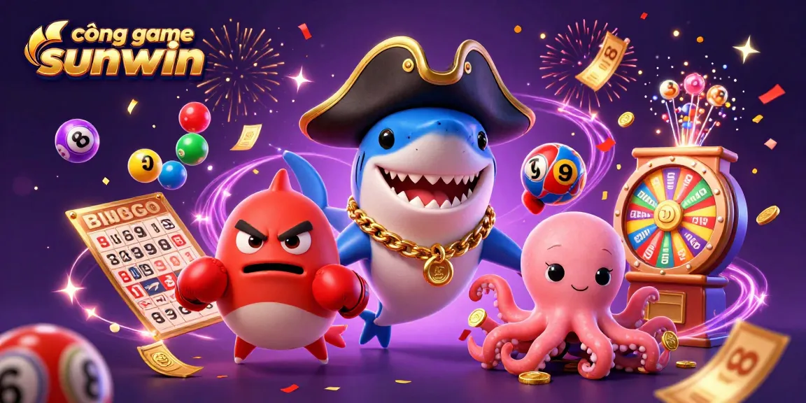 Enhance your gaming experience at cổng game sunwin with vibrant characters, lottery balls, and dynamic casino elements.